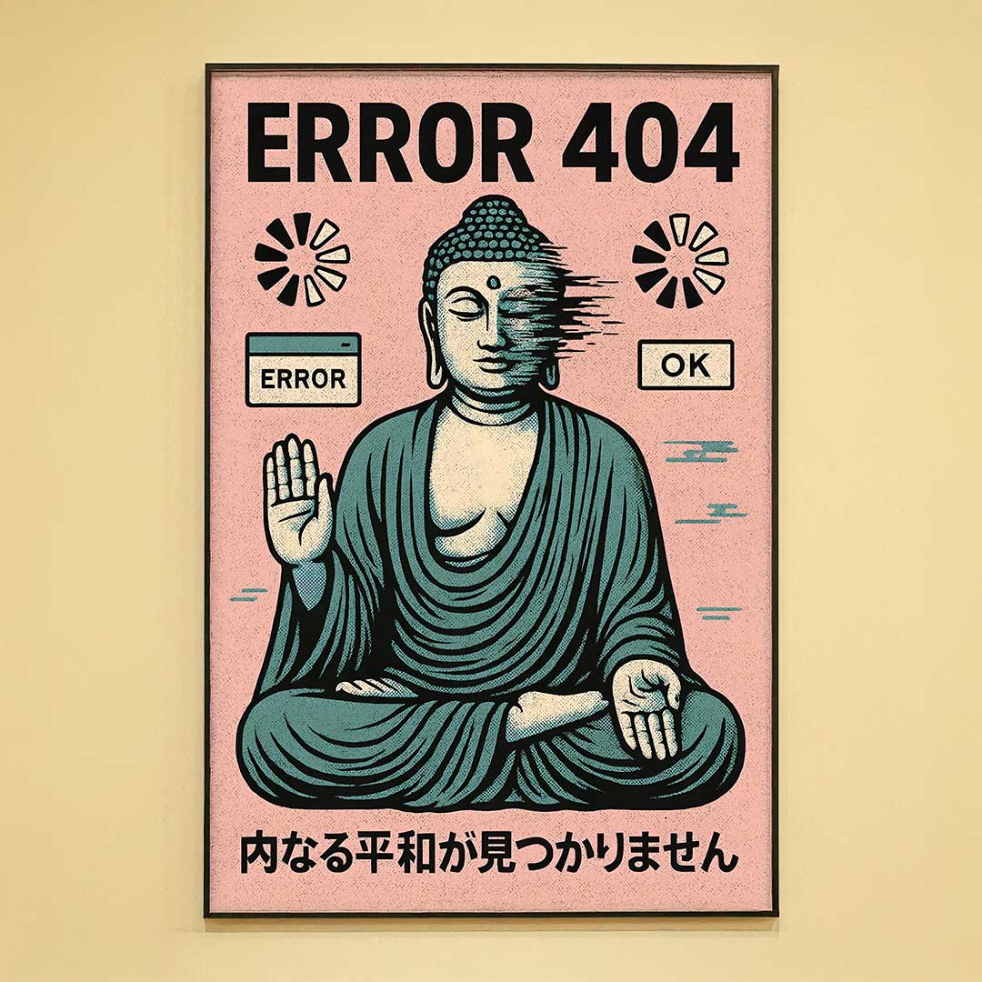 A framed error 404 inner peace peace print with a green buddha and japanese text on a pink background