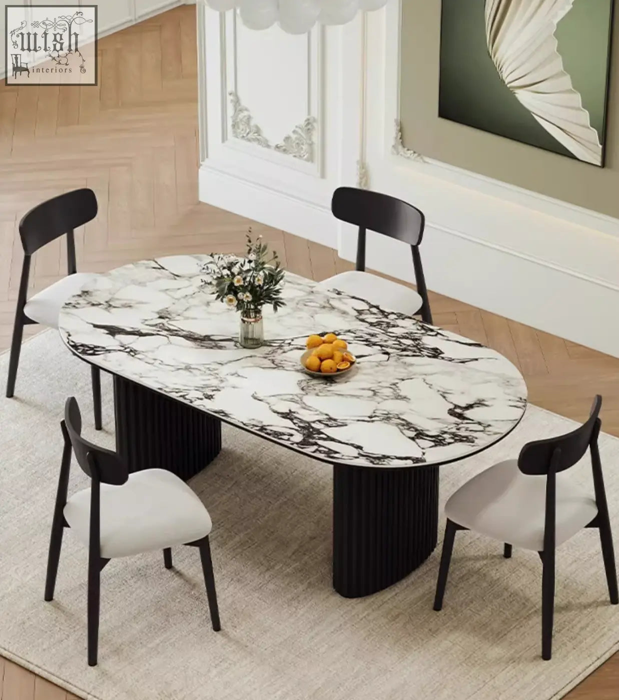 Elegant escobar dining table with oval white and black sintered stone marble top and ribbed black legs