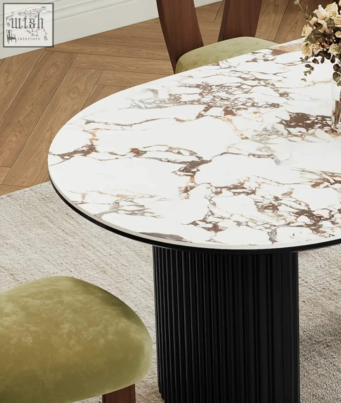 Elegant escobar dining table with white and gold sintered stone top and black ribbed pedestal base