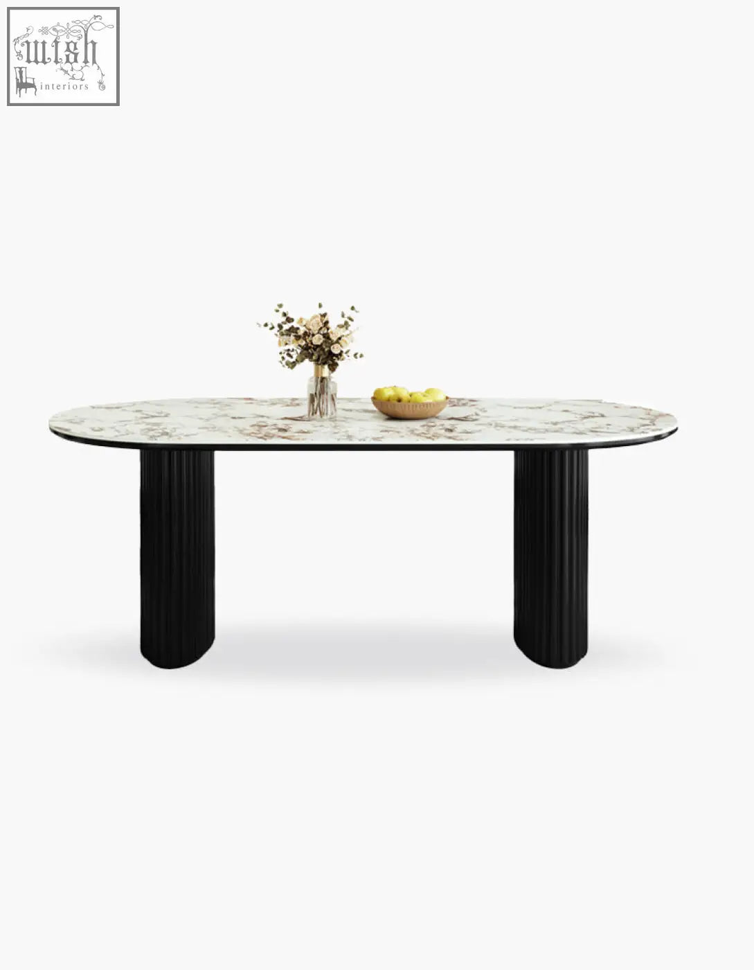 Elegant escobar dining table with white marble top and black fluted legs made from sintered stone material