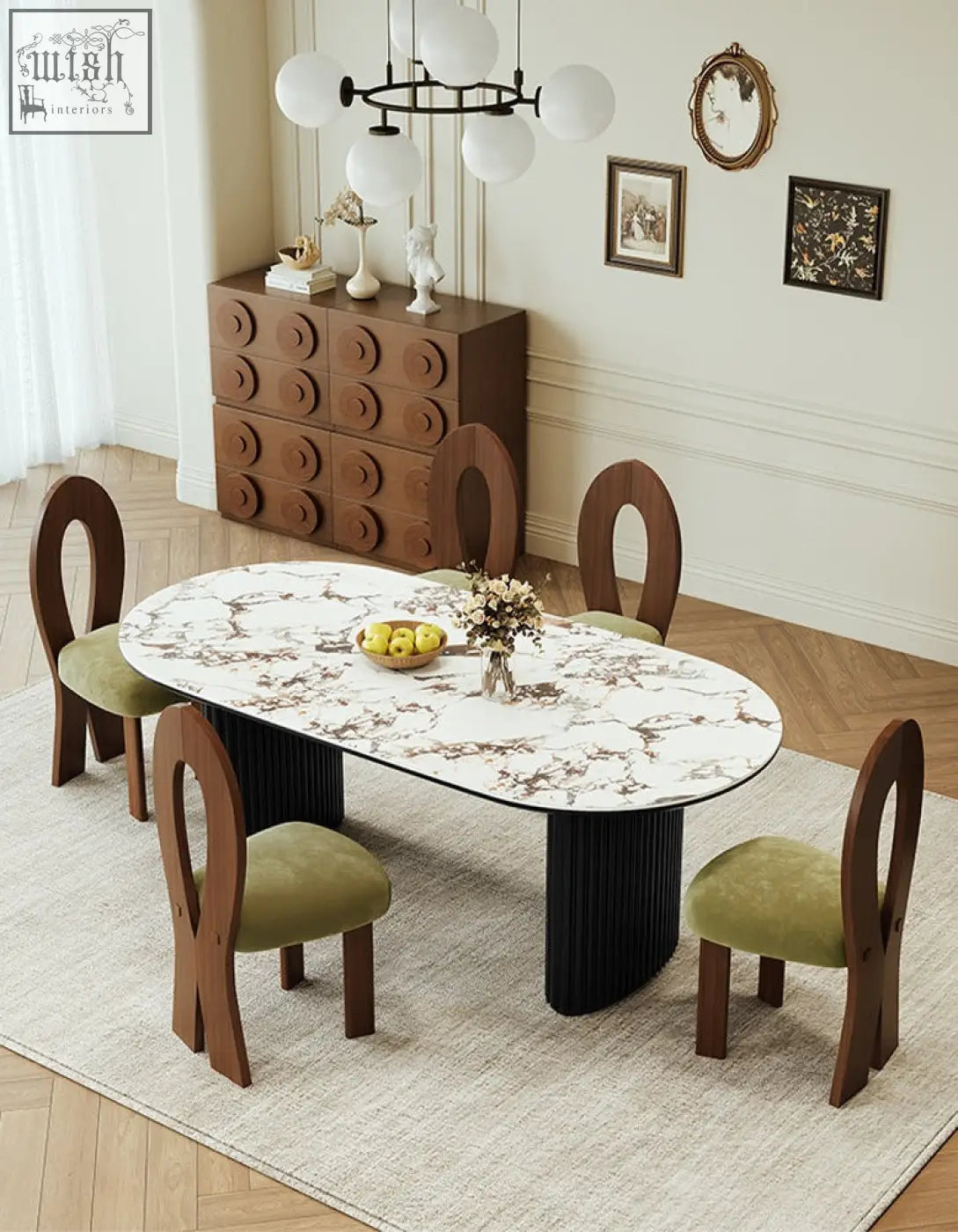 Elegant escobar dining table with white marble top gray veining and black legs surrounded by wooden chairs with green seats