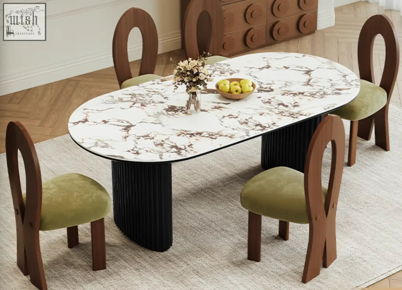 Elegant escobar dining table with white marble top featuring brown veining and sleek black ribbed legs in sintered stone