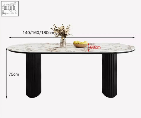 Modern escobar dining table with white marble top and black fluted legs made of sintered stone for dining room use