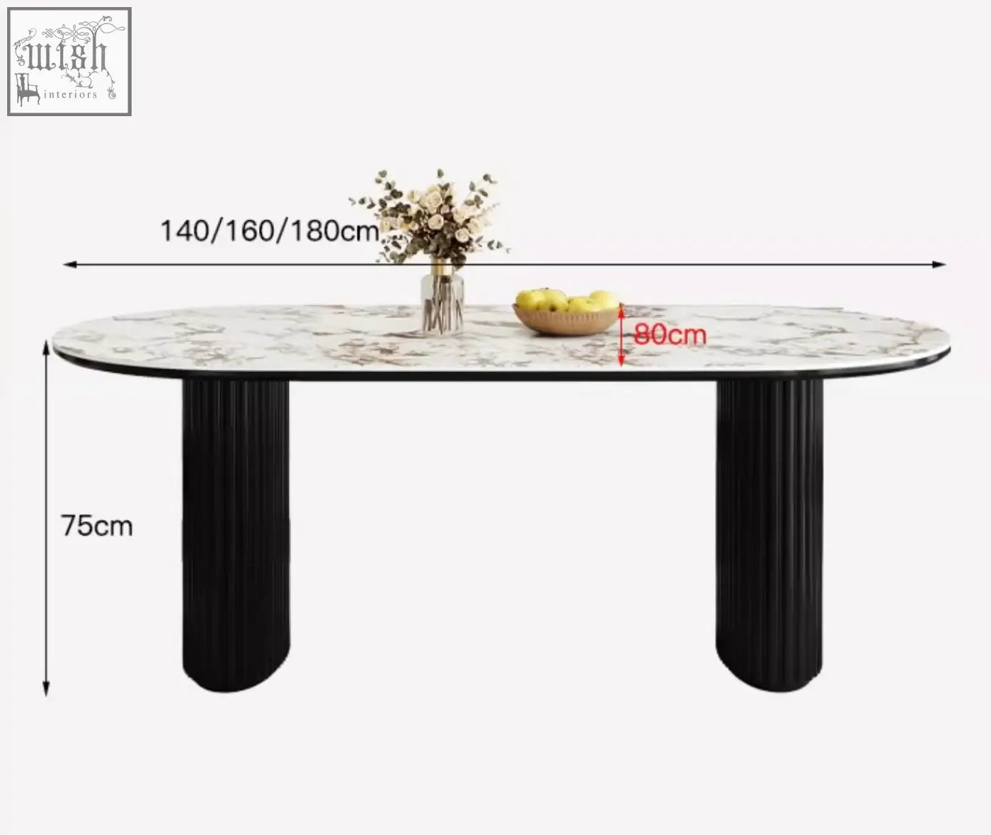Modern escobar dining table with white marble top and black fluted legs perfect for stylish dining spaces