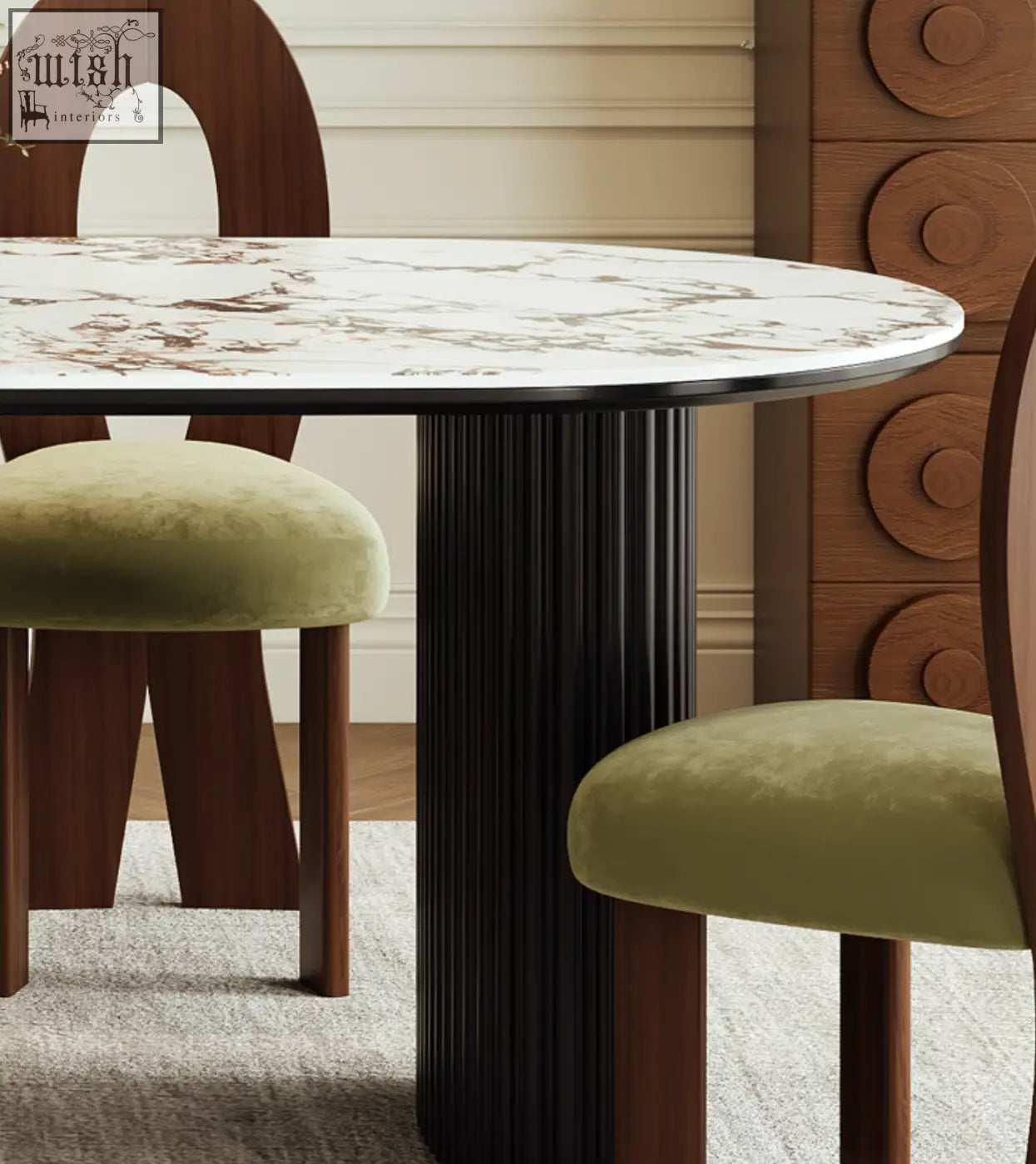 Round escobar dining table with black ribbed pedestal base and white sintered stone marble top dining table