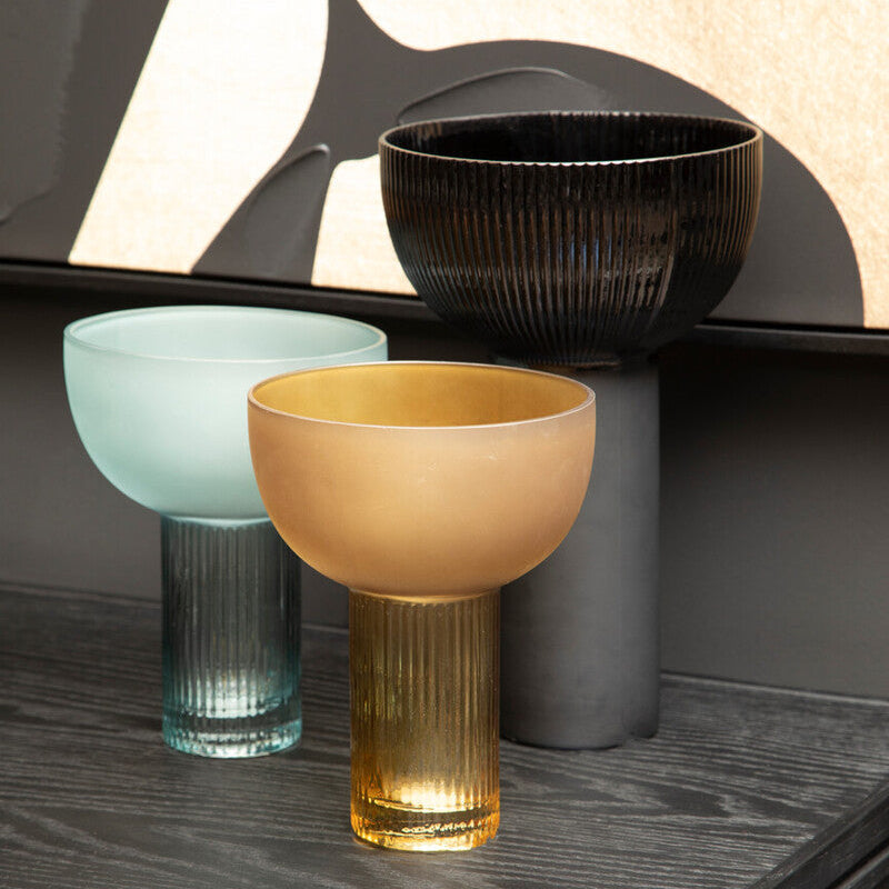 Golden gradient glass bowl with ribbed stem and frosted finish in a small light blue glass vase style