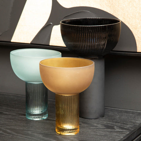 Golden gradient glass bowl with ribbed stem and frosted finish in a small light blue glass vase style