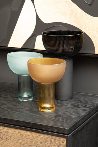 Esma small light blue glass vase with a sleek golden ribbed glass bowl design and modern style