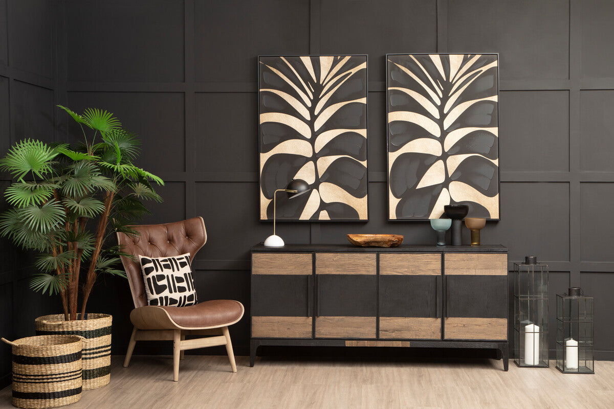 Modern black and wood-toned sideboard showcasing a small light blue glass vase with sleek minimalist design