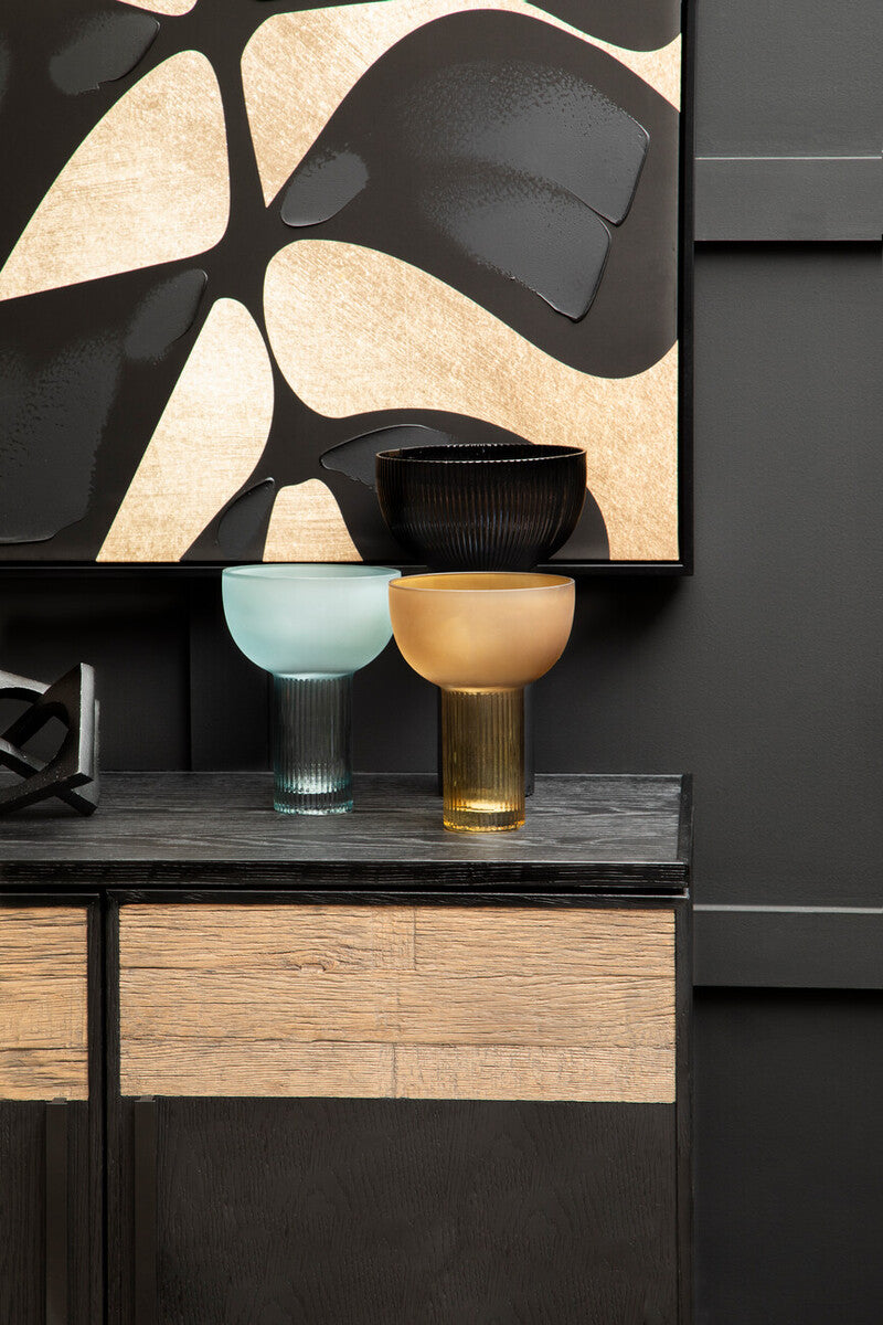 Two translucent small light blue and amber glass bowls with ribbed stems perfect as blue glass vases