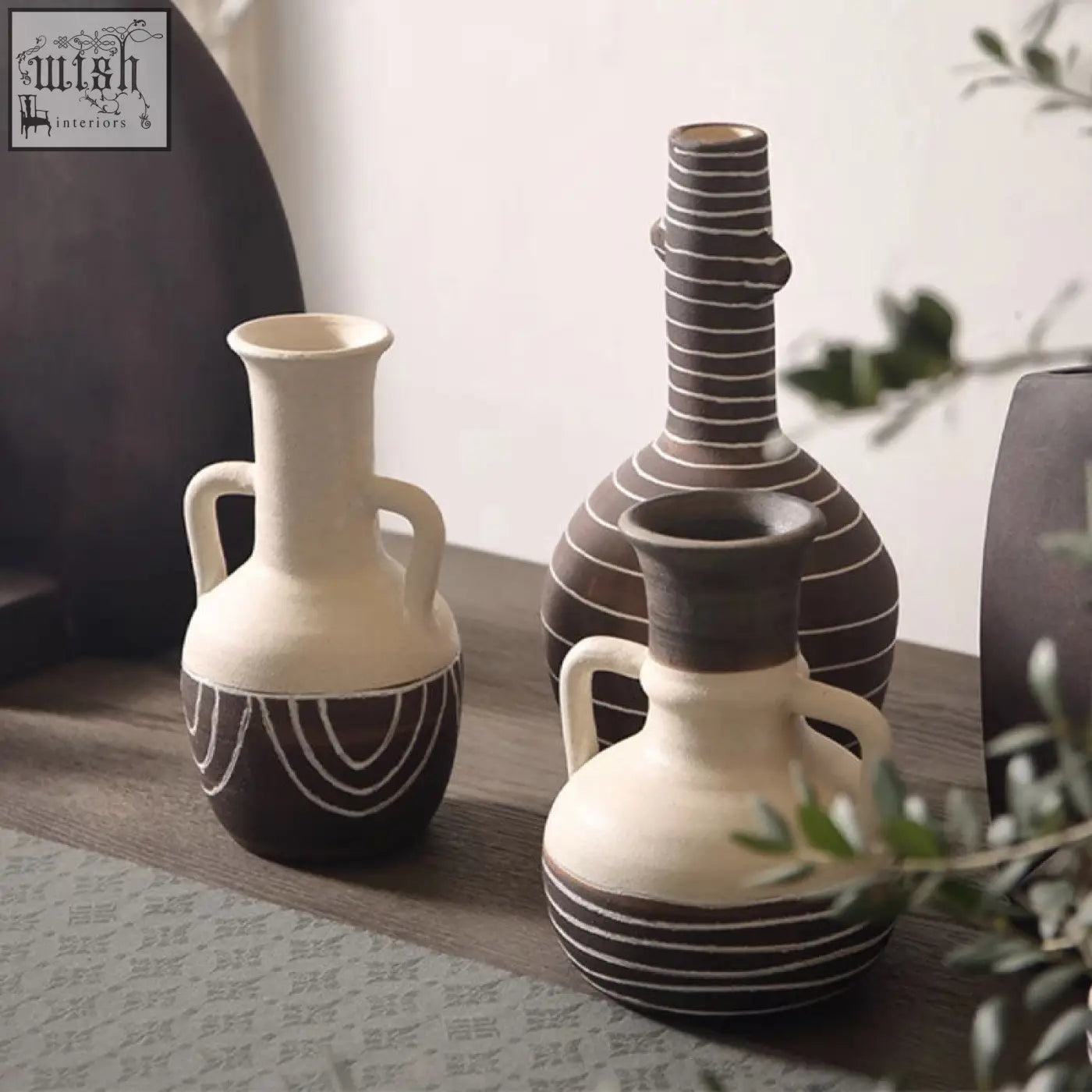 Two esme ceramic vases with handles featuring cream dark brown tones and striped tall neck design ceramic vase set
