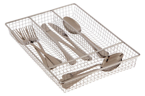 Esme chrome cutlery silver wire mesh tray with compartments holding stainless steel forks knives and spoons chrome cutlery tray