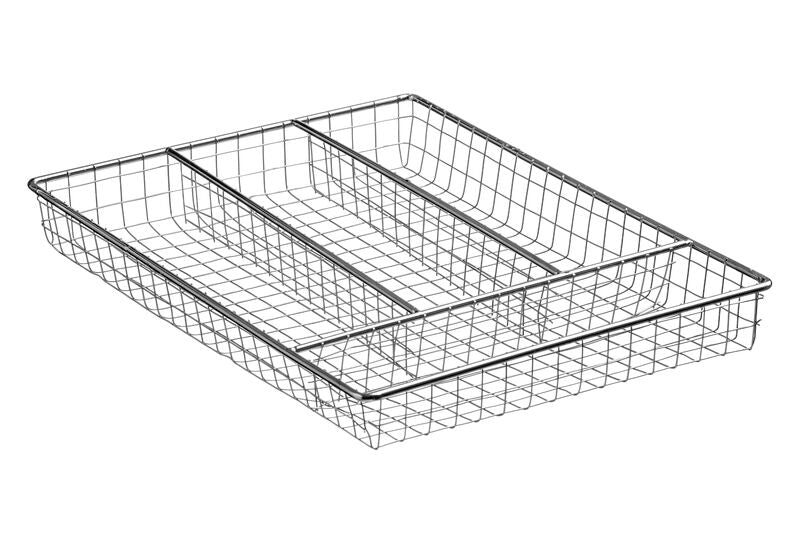 Esme chrome cutlery tray featuring a silver wire mesh drawer organizer with three compartments for easy sorting