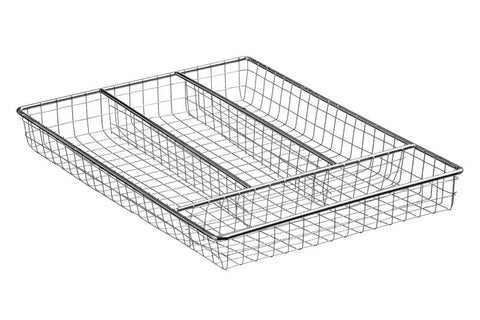 Esme chrome cutlery tray featuring a silver wire mesh drawer organizer with three compartments for easy sorting