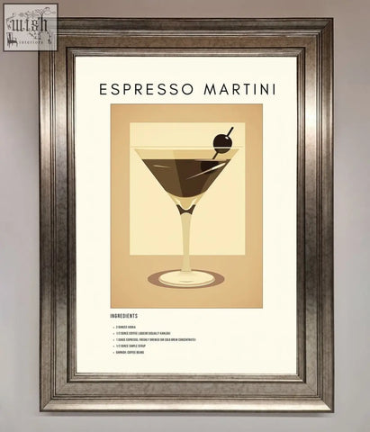 A framed print featuring a stylized espresso martini cocktail in a martini glass with a cherry garnish