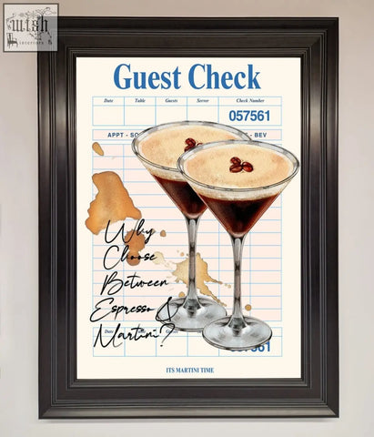 Espresso martini framed wall art featuring two illustrated martini glasses with coffee beans on a guest check background
