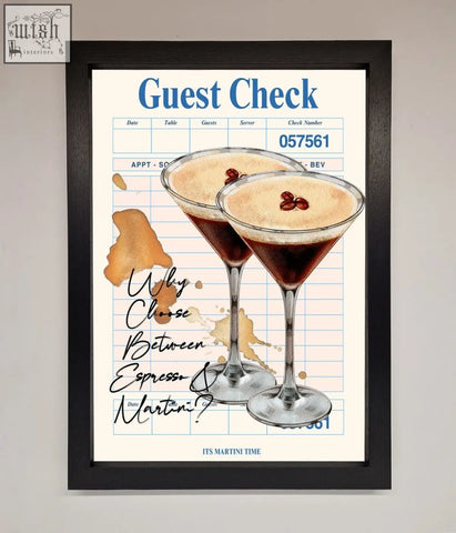 Black-framed espresso martini framed wall art featuring illustrated guest check with two espresso martinis topped with coffee beans foam