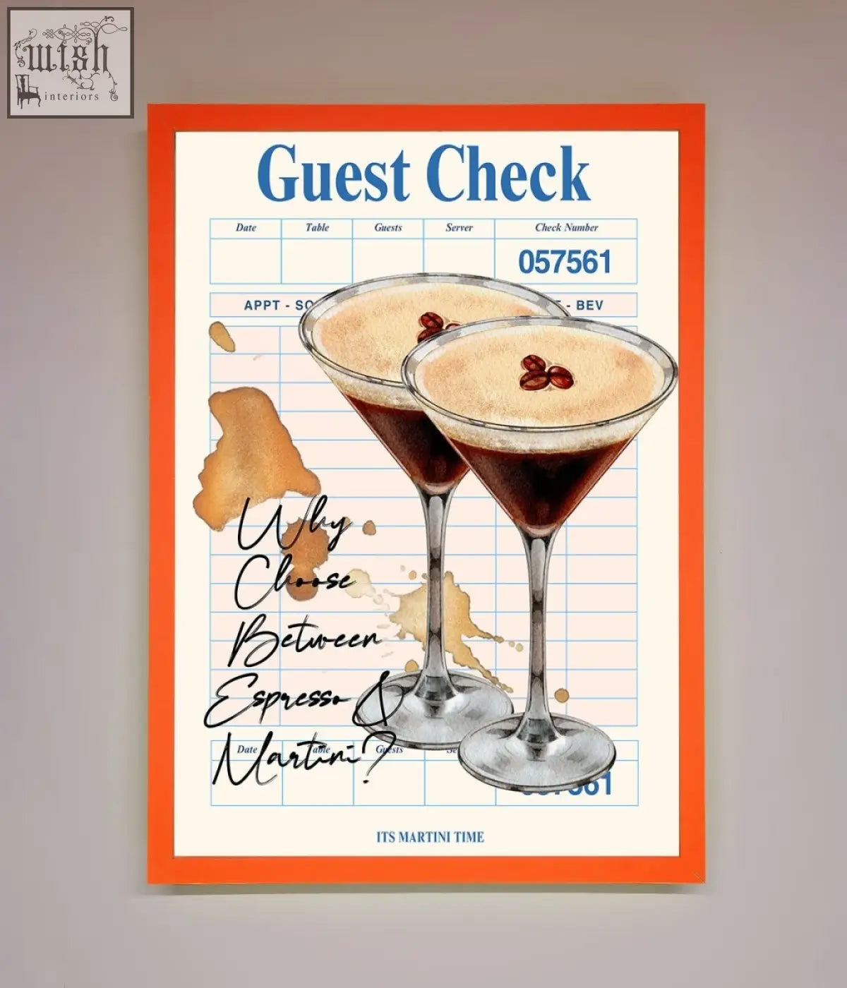 Orange-framed espresso martini framed wall art featuring illustrated guest check and two martini glasses with coffee beans