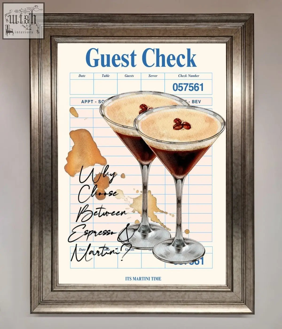 Espresso martini framed wall art with two dark liquid martini glasses and red garnishes on a checkered guest check background