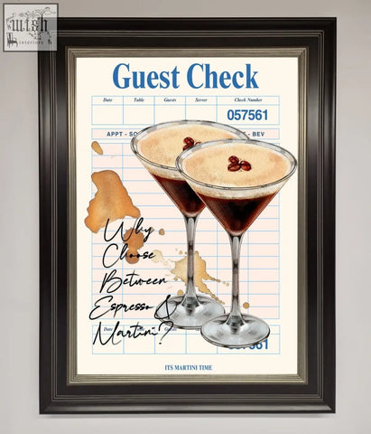Espresso martini framed wall art print with two illustrated martini glasses topped with espresso and coffee beans on lined paper