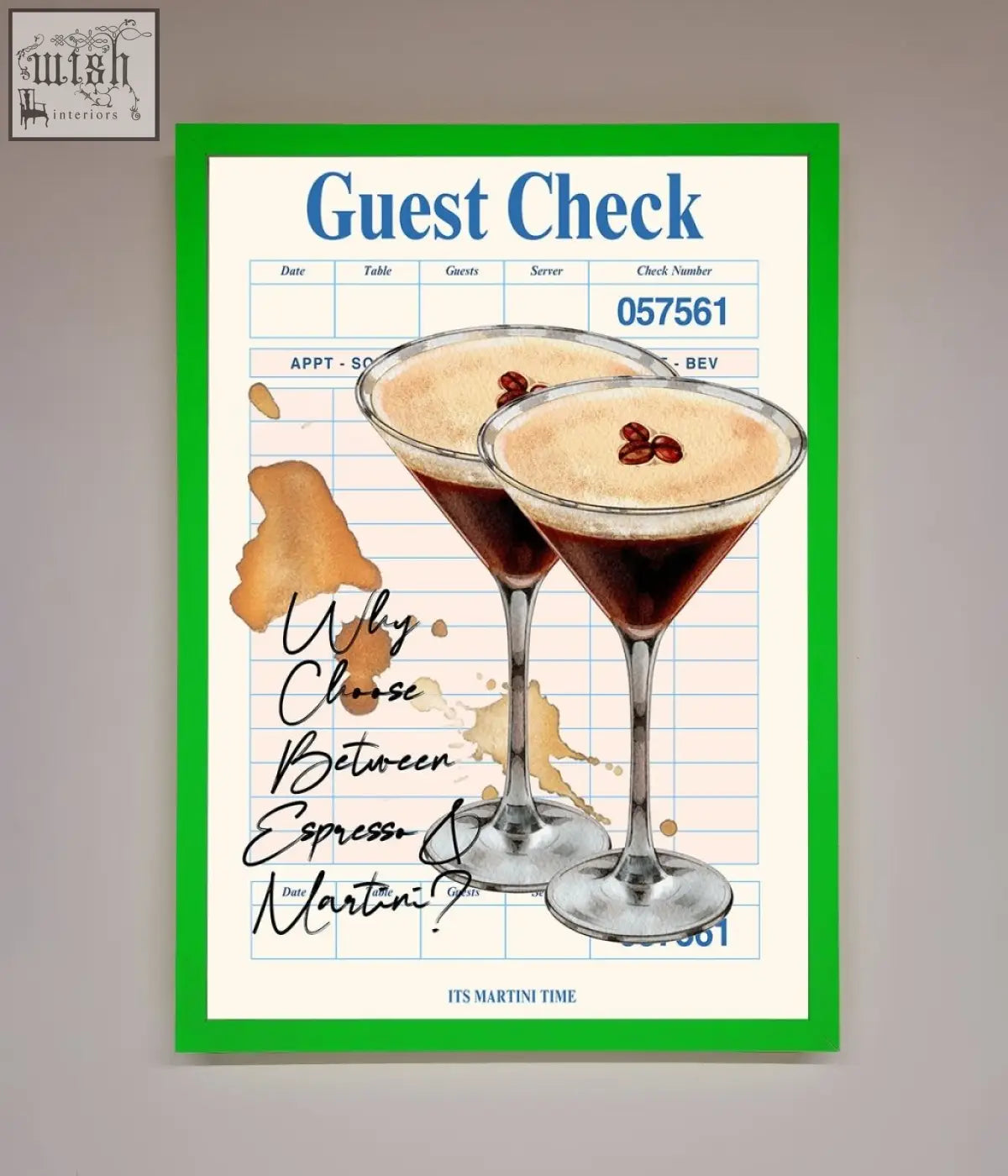 Espresso martini framed wall art with two dark martini glasses topped with foam and coffee beans in a green frame