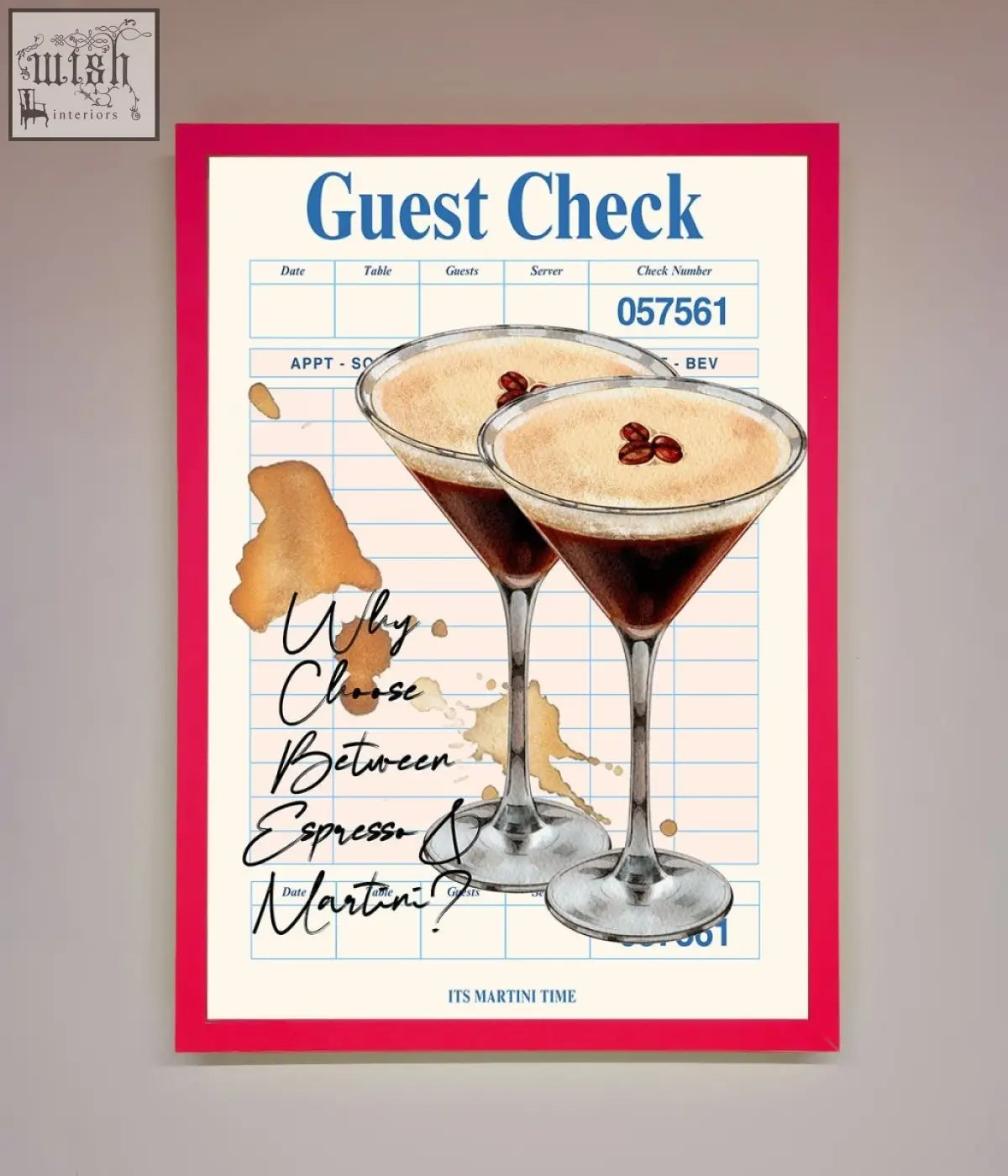 A espresso martini framed wall art with two dark espresso martini glasses and coffee beans on a checkered background