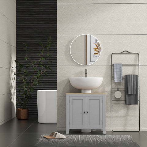kleankin Under Sink Cabinet, Bathroom Sink Cabinet with 2 Doors, Pedestal Under Sink Design, Freestanding Bathroom Cupboard with Adjustable Shelf, Grey