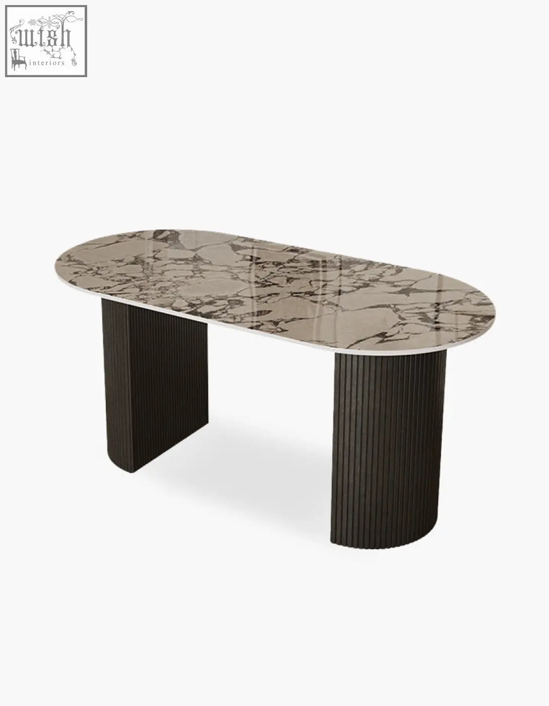 Elegant esther oval dining table with sleek gray and white marble top and dark ribbed legs perfect dining table