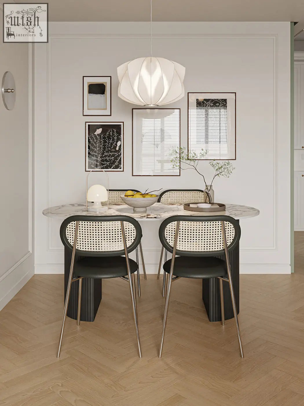 Modern black and beige cane-backed dining chairs with sleek metal legs paired with esther oval dining table