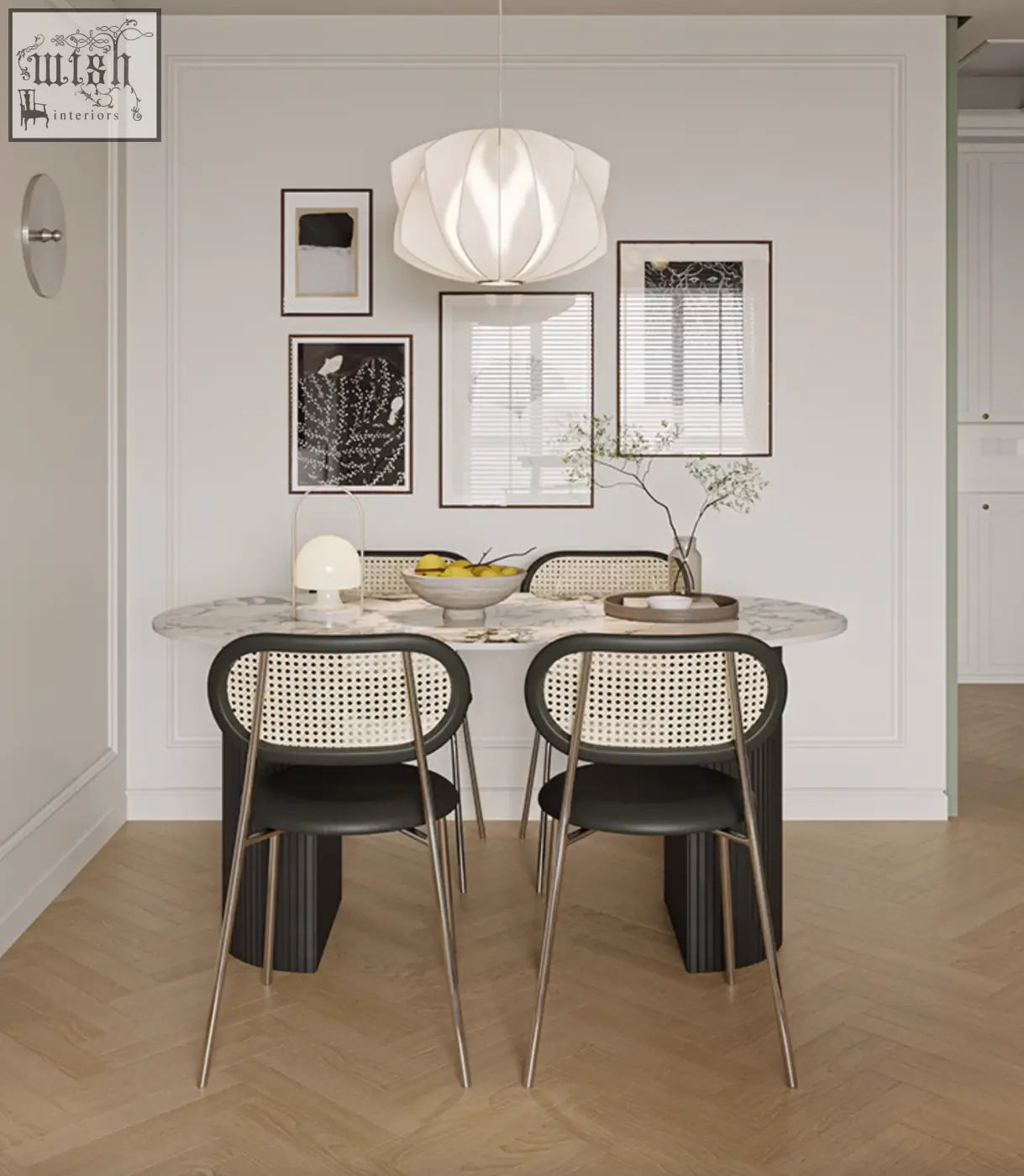Modern black and beige cane-backed dining chairs with sleek metallic legs paired with esther oval dining table