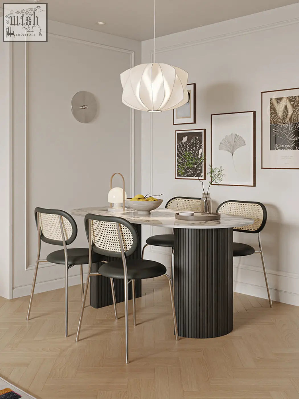 Modern black columnar esther oval dining table with marble top and sleek metallic legs perfect as an oval dining table