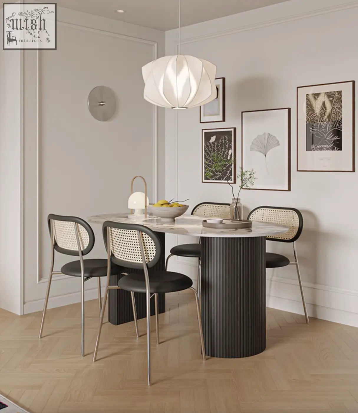Modern black esther oval dining table with a marble sintered stone top and vertical ribbed texture