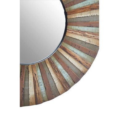 Eternal wooden round wall mirror with a rustic sunburst frame made of weathered wooden planks in earthy tones