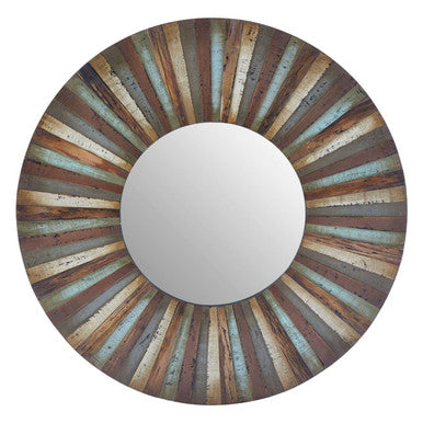 Eternal wooden round wall mirror with sunburst design of distressed brown blue and gray wooden round slats