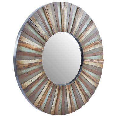 Eternal wooden round wall mirror with a sunburst frame of weathered gray beige and faded blue wooden slats