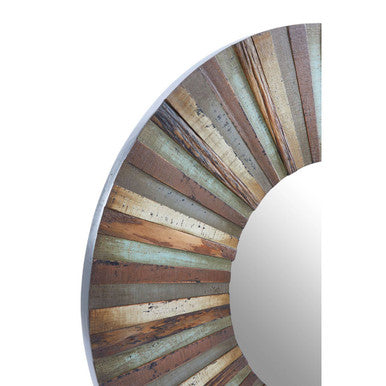 Rustic wooden round wall mirror with sunburst frame made of reclaimed wood planks in faded earthy tones