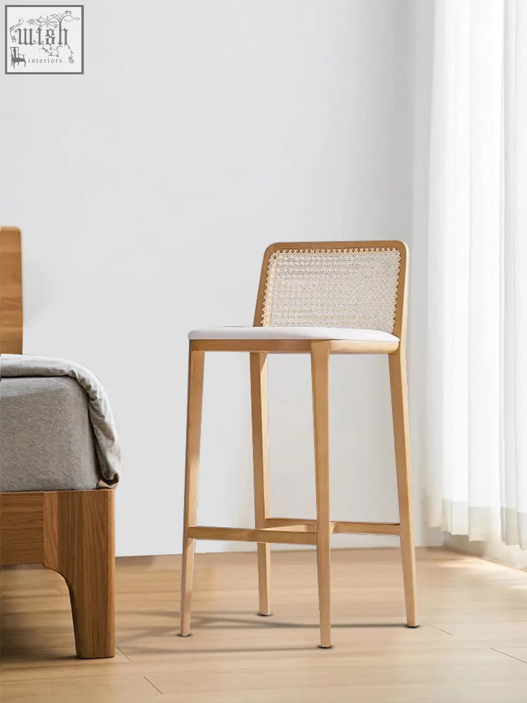 Light wood frame ethan rattan barstool with woven cane back and white seat perfect for coffee table set area