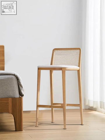 Light wood frame ethan rattan barstool with woven cane back and white seat perfect for coffee table set area