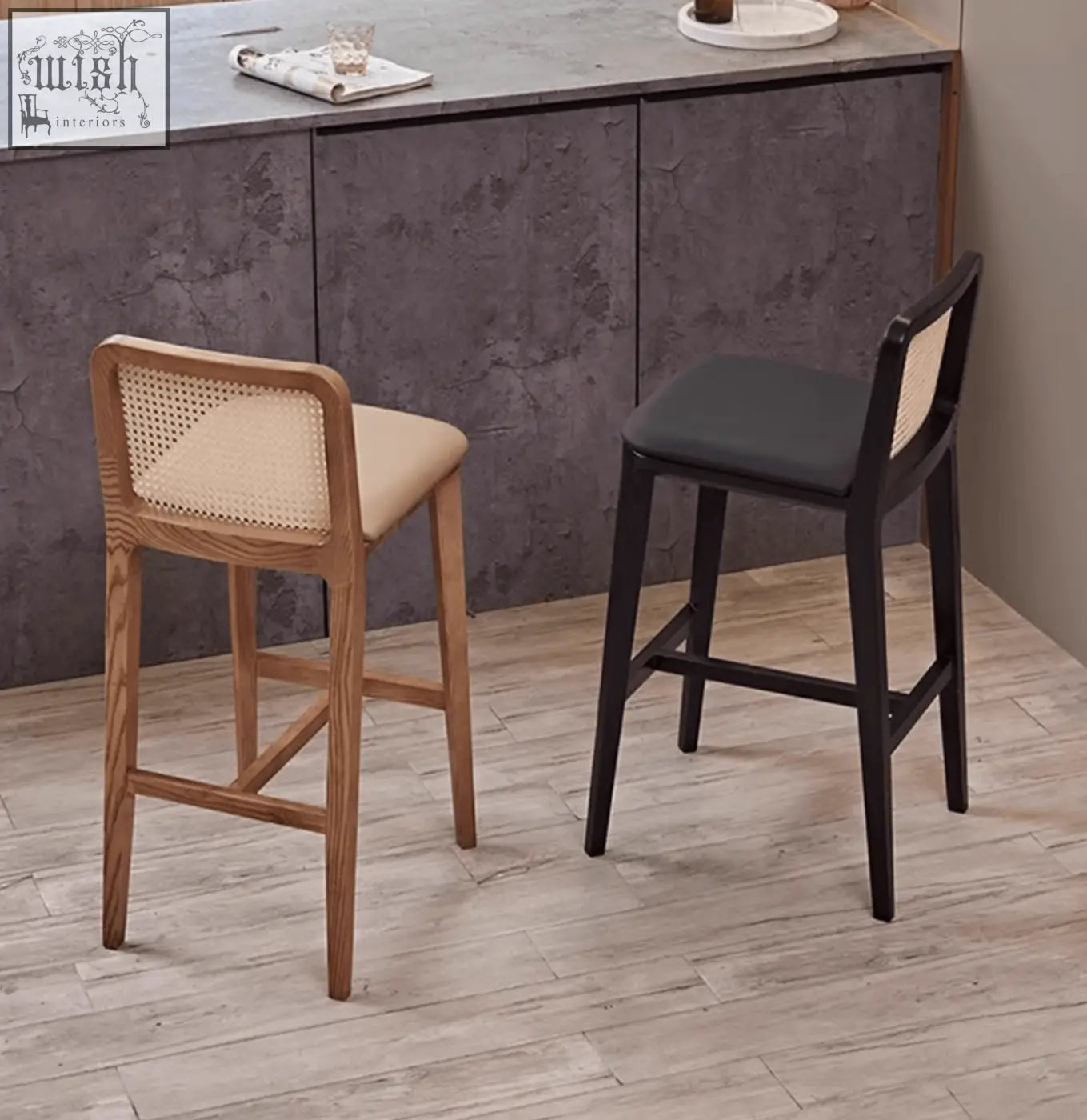 Ethan rattan barstool wood with woven cane backs and upholstered beige and dark gray seats fits great with coffee table set