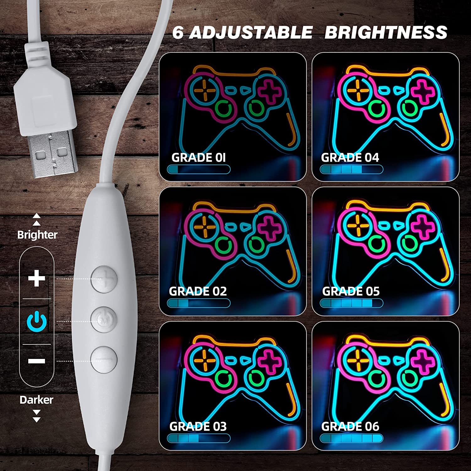 White usb controller-shaped eufrozy led neon light with acrylic build and six adjustable brightness levels for gamers