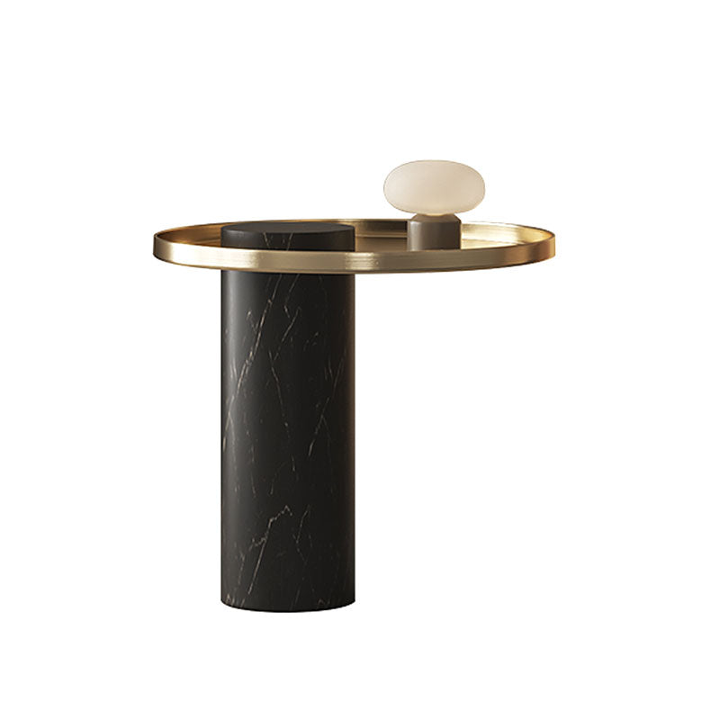 Eugene side table with black marble cylindrical base and gold-toned stainless steel circular top with integrated lamp