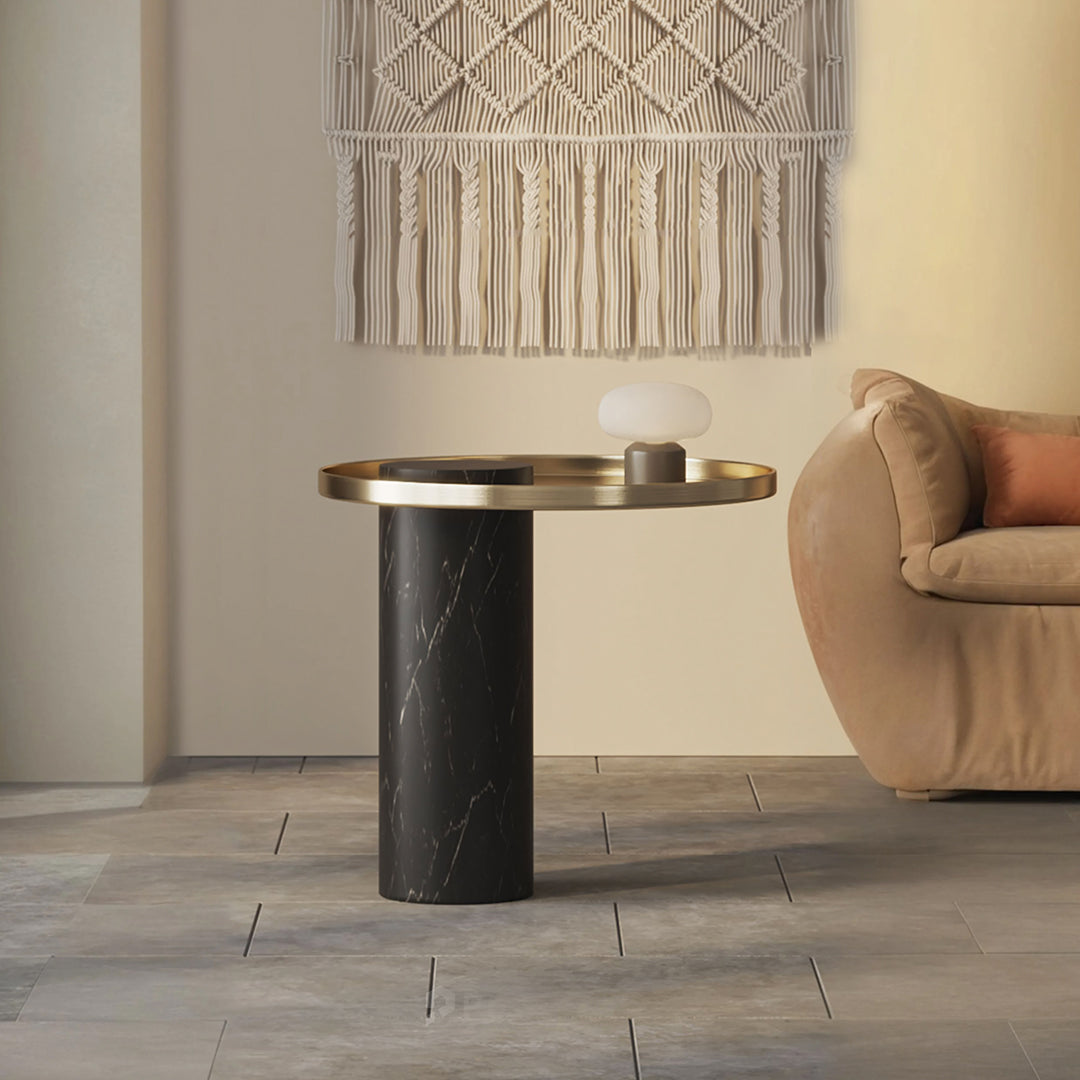 Eugene side table with black marble base and gold toned stainless steel circular top for stylish living spaces