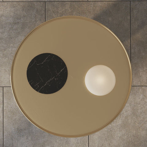Eugene side table circular coffee table with gold stainless steel frame beige surface black marble and white frosted glass