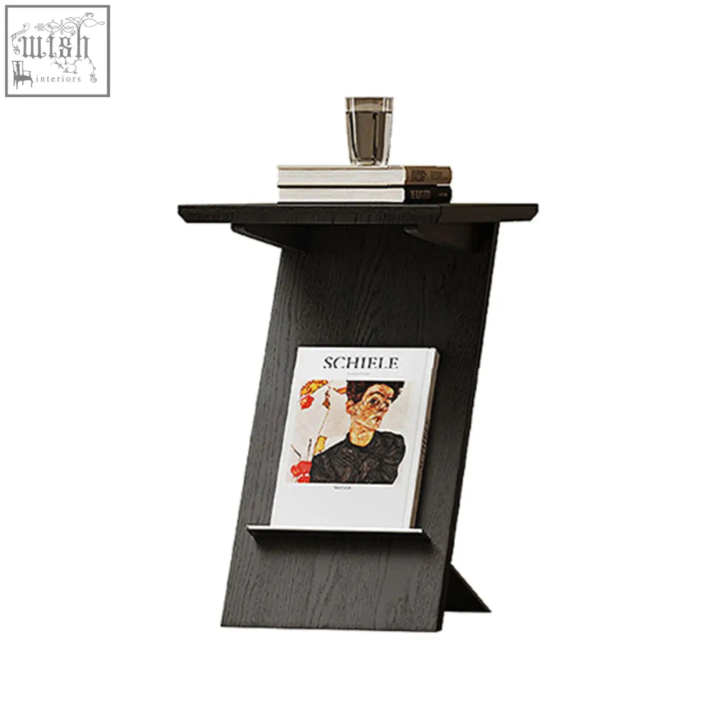 Black solid wood eunice side table with sleek angular design and integrated magazine rack for easy storage