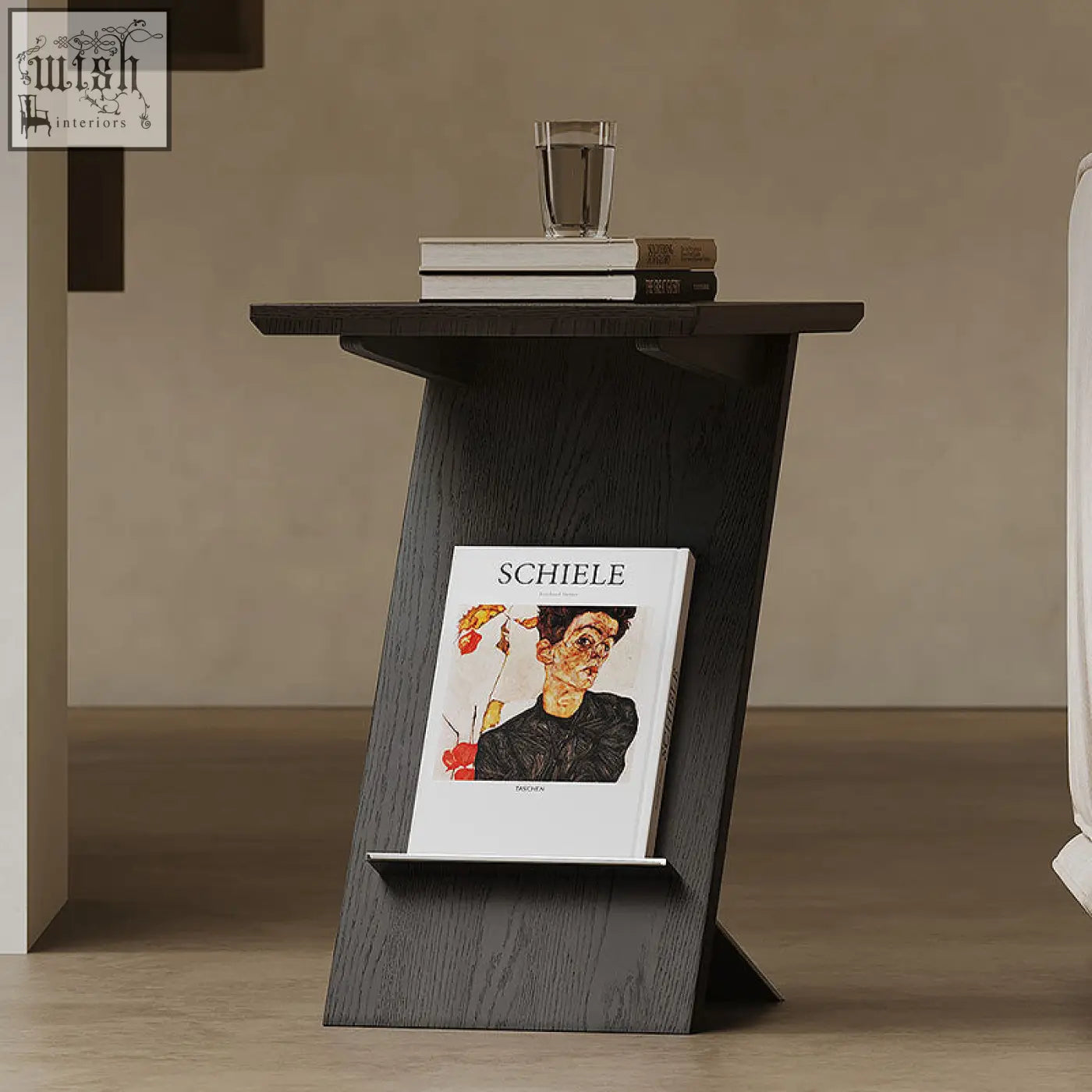 Dark wood eunice side table with sleek angular design solid wood and integrated magazine rack with stainless steel accents