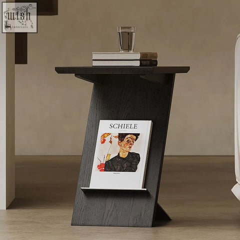 Dark wood eunice side table with sleek angular design solid wood and integrated magazine rack with stainless steel accents