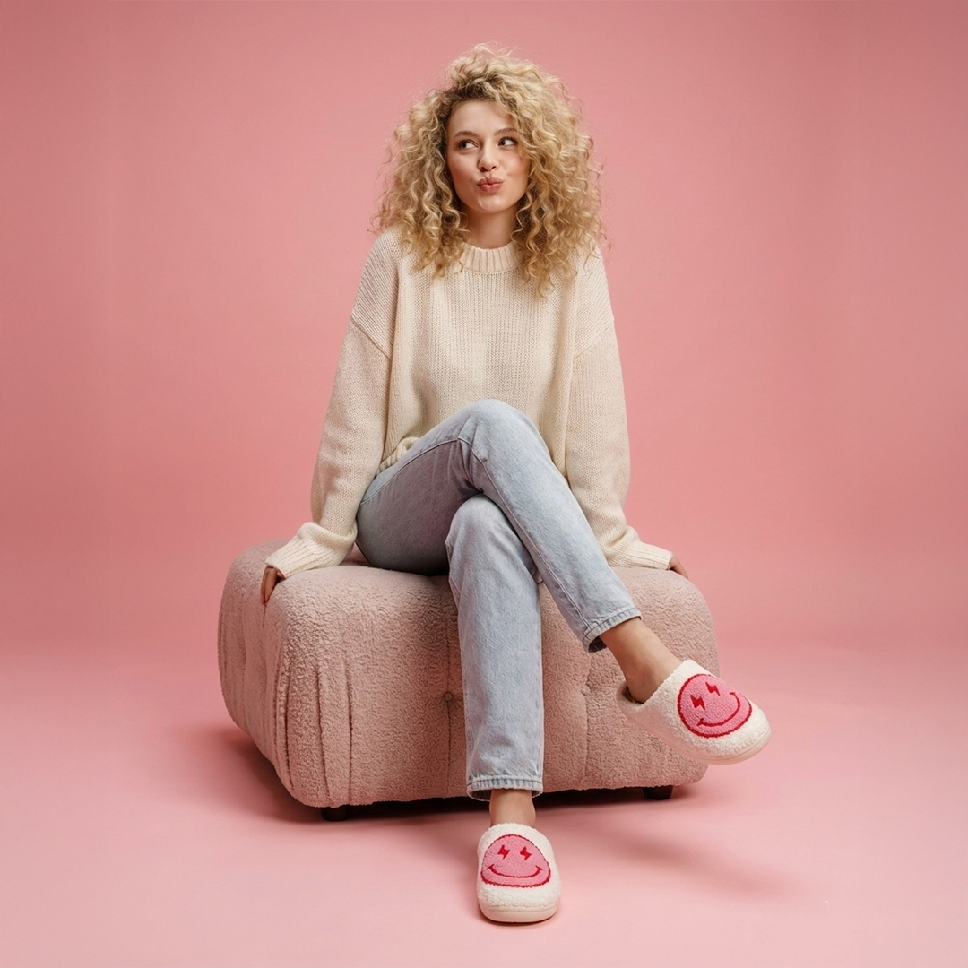 Cream-colored fuzzy euphoria slippers with a bright pink smiley face to stay warm and cozy indoors