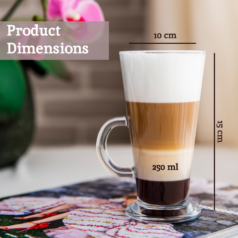 Clear glass euri latte glasses set of 4 featuring a handle and layered coffee and milk in a latte glass mug