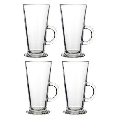Four clear glass euri latte glasses with handles and thick bases perfect for enjoying lattes at home