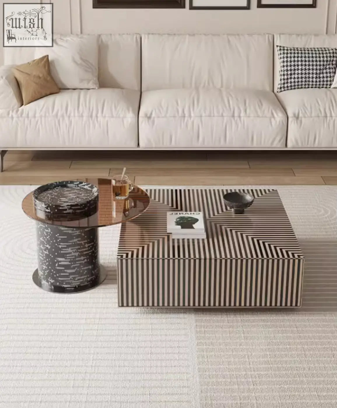Modern rectangular evelyn coffee table set with geometric black and beige stripes and sleek metallic top perfect antique coffee table